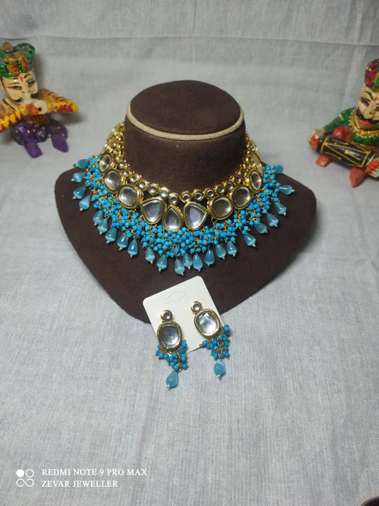 Zevar Necklace High-Quality Kundan Stone Choker Necklace Set - Light Blue