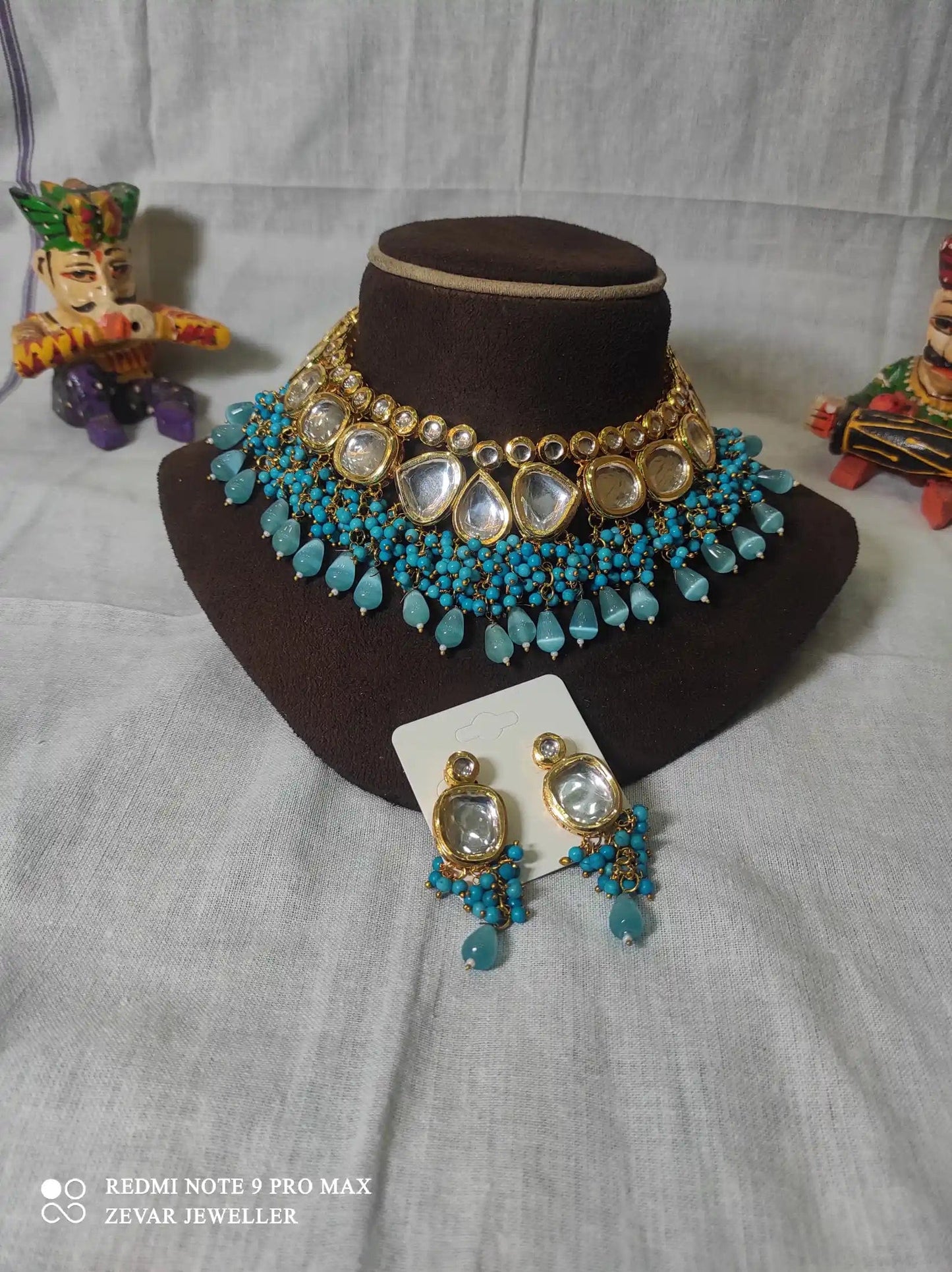 Zevar Necklace High-Quality Kundan Stone Choker Necklace Set - Light Blue