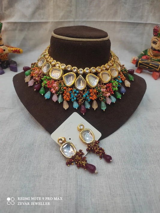 Zevar Necklace High-Quality Kundan Stone Choker Necklace Set - Multicolored