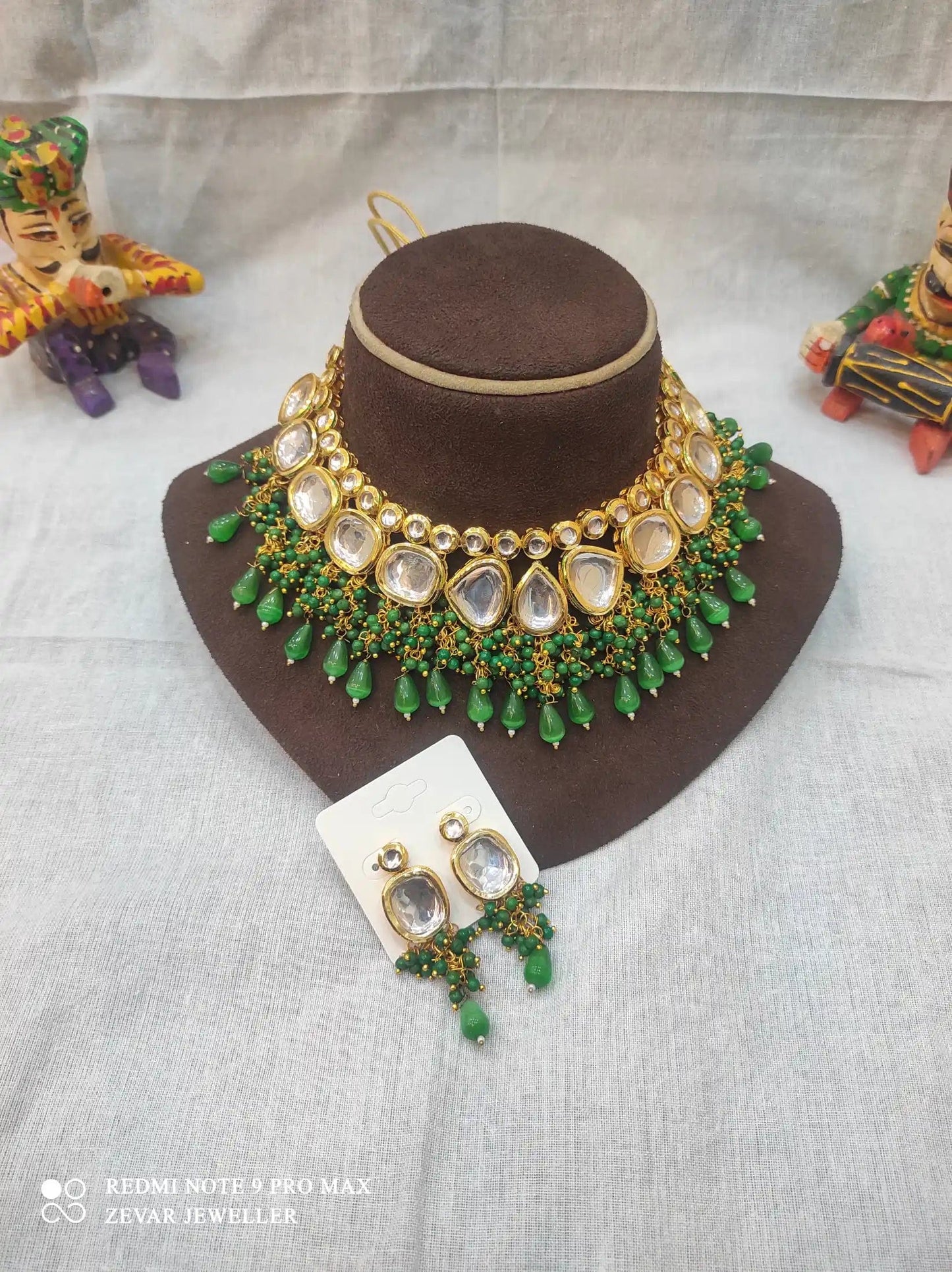 Zevar Necklace High-Quality Kundan Stone Choker Necklace Set - Peacock Green