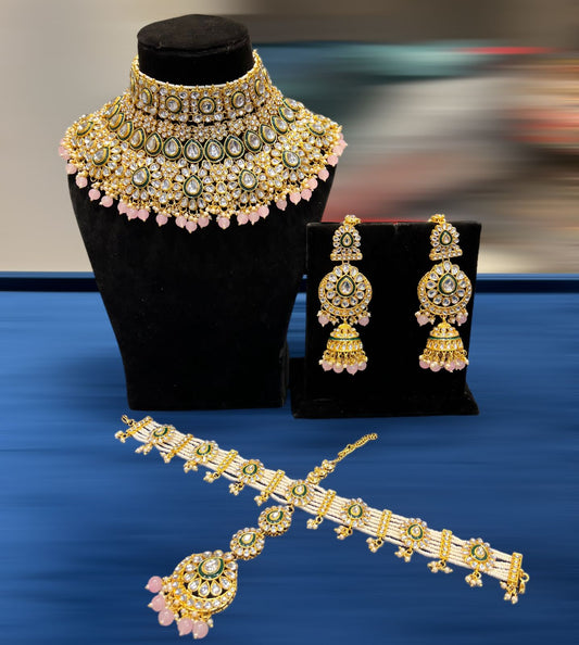 Zevar Necklace Light Pink Kundan Jewelry Collection: Exquisite Copper-Based Pieces in Subtle Elegance