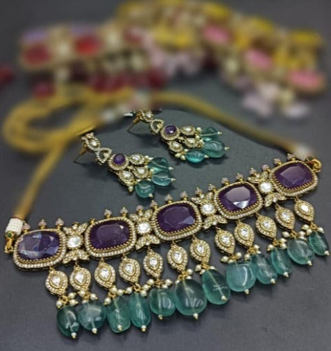 Zevar Necklace M Green + Maroon Polki Uncut Kundan Choker Necklace - Traditional Indian Jewelry