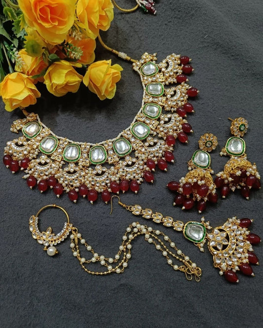 Zevar Necklace Maroon Elegance Redefined: Pearl Choker Necklace Set - Zevar