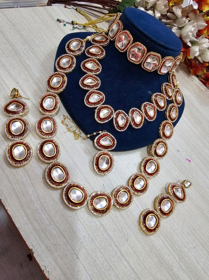 Zevar Necklace Maroon Kundan Long Necklace Semi-Bridal Set