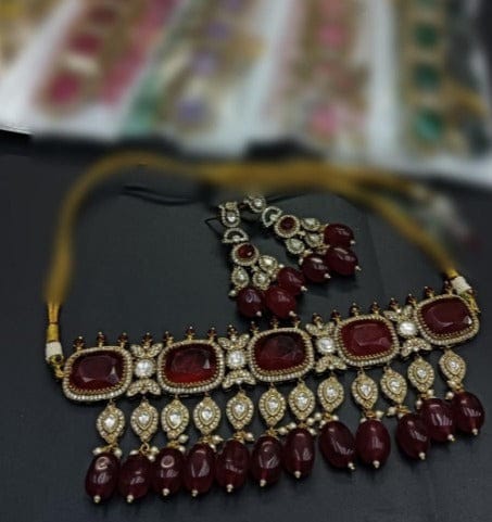 Zevar Necklace Maroon Polki Uncut Kundan Choker Necklace - Traditional Indian Jewelry