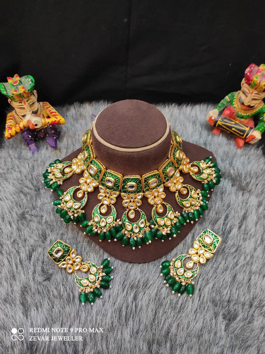 Zevar Necklace Meenakari Handpainted and Kundan Stone Worked Necklace Set - Dark Green