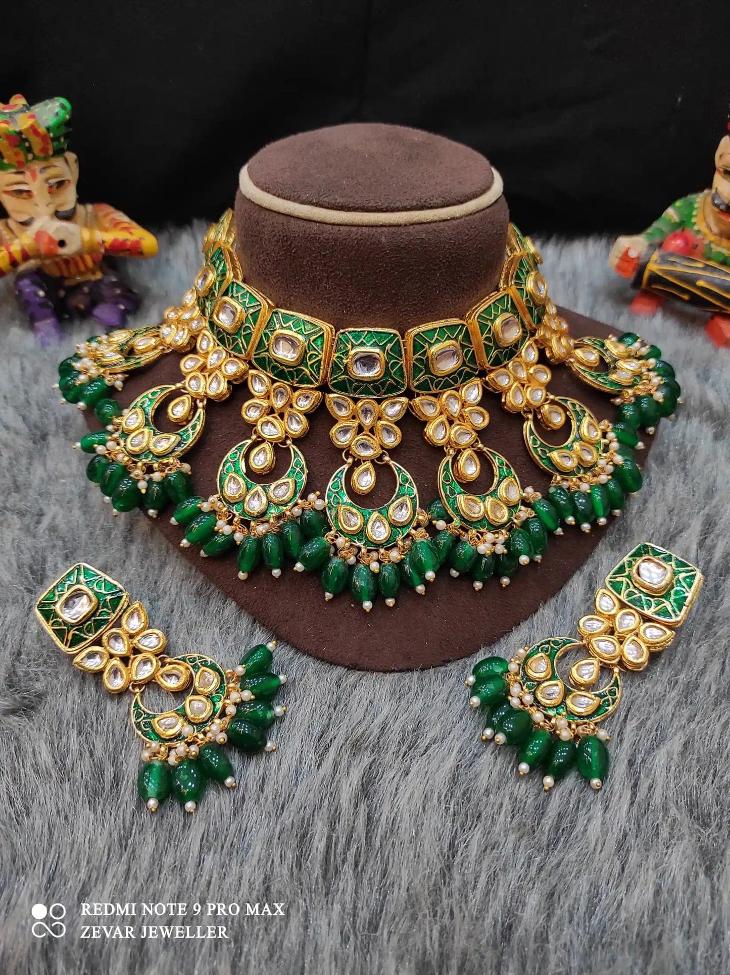 Zevar Necklace Meenakari Handpainted and Kundan Stone Worked Necklace Set - Dark Green