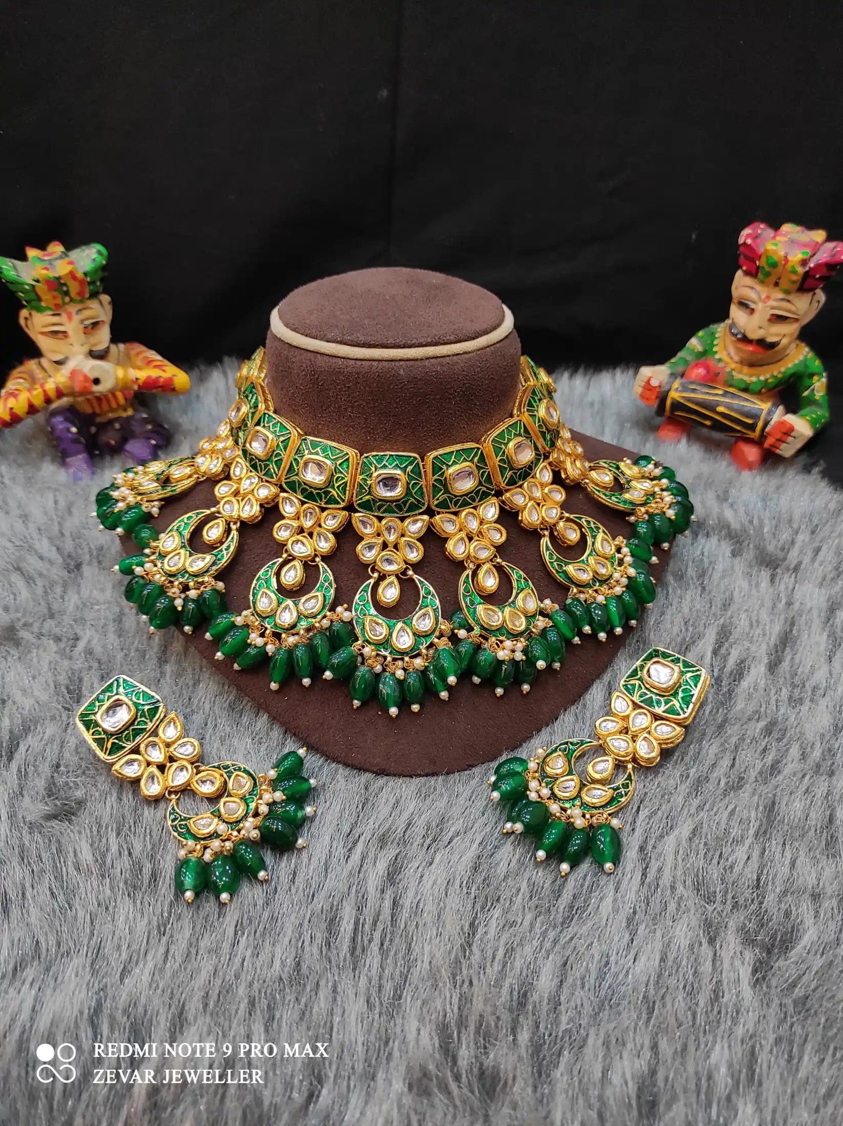 Zevar Necklace Meenakari Handpainted and Kundan Stone Worked Necklace Set - Dark Green