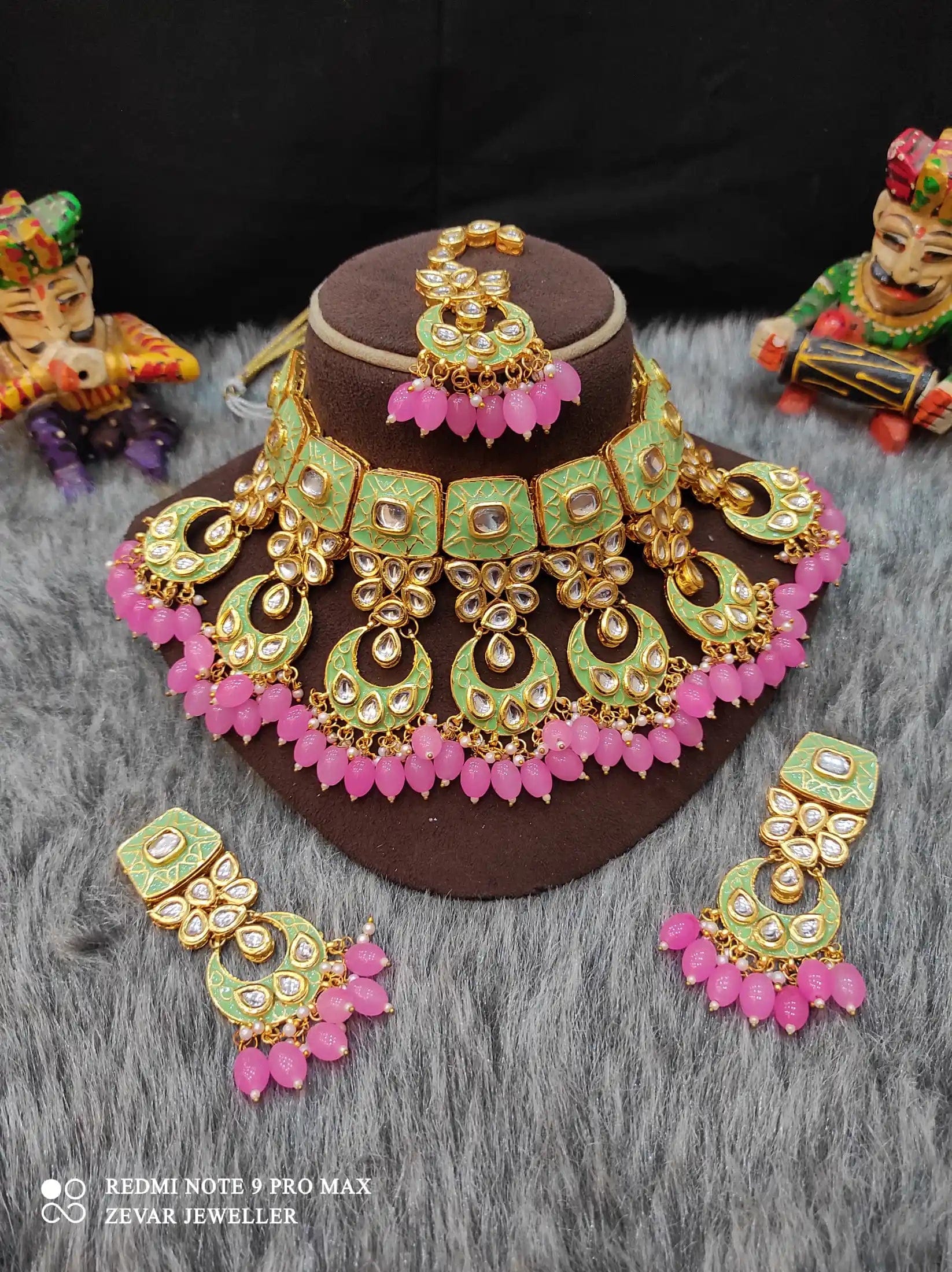 Zevar Necklace Meenakari Handpainted and Kundan Stone Worked Necklace Set - Mint Green and Pink