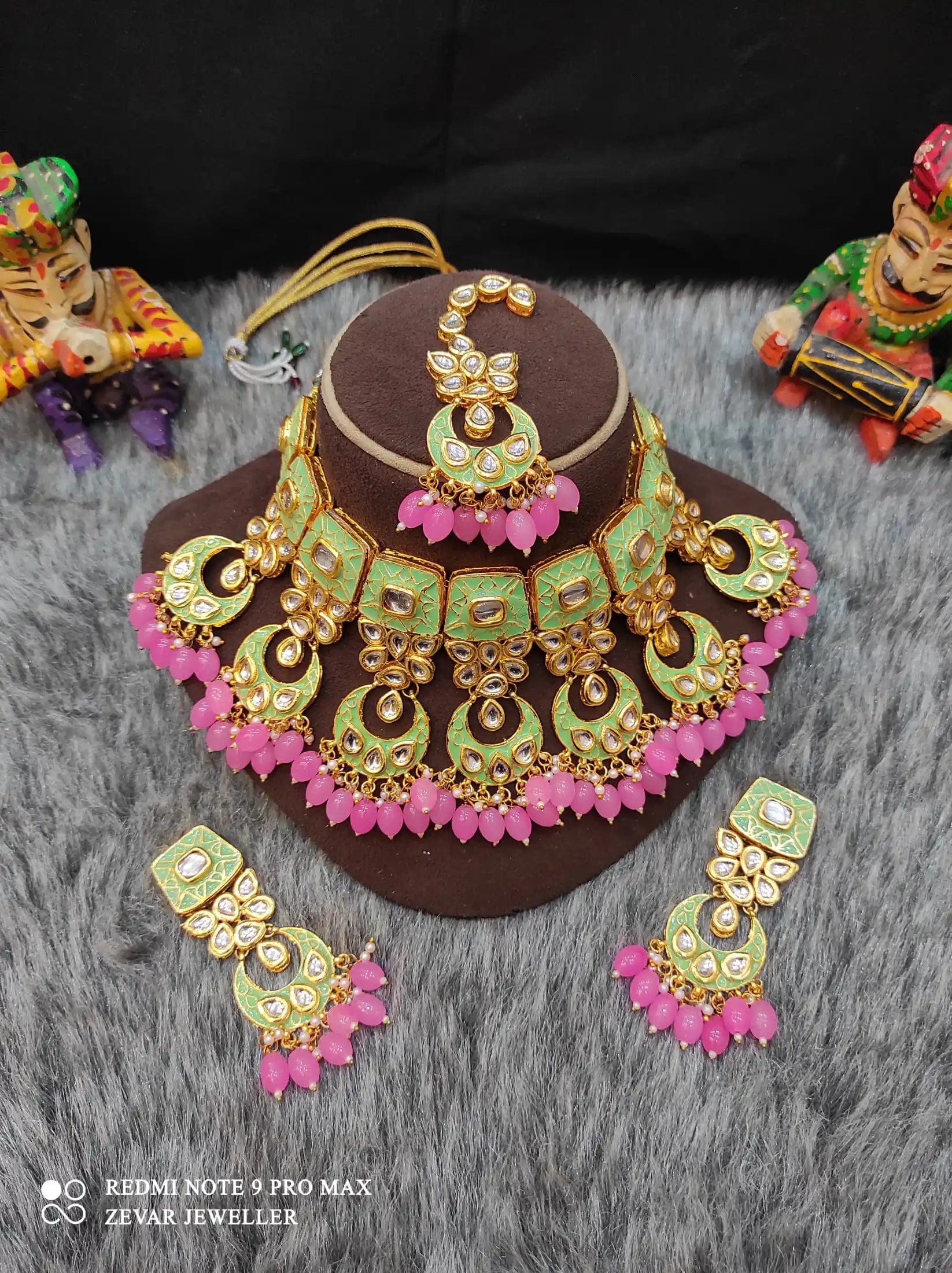 Zevar Necklace Meenakari Handpainted and Kundan Stone Worked Necklace Set - Mint Green and Pink