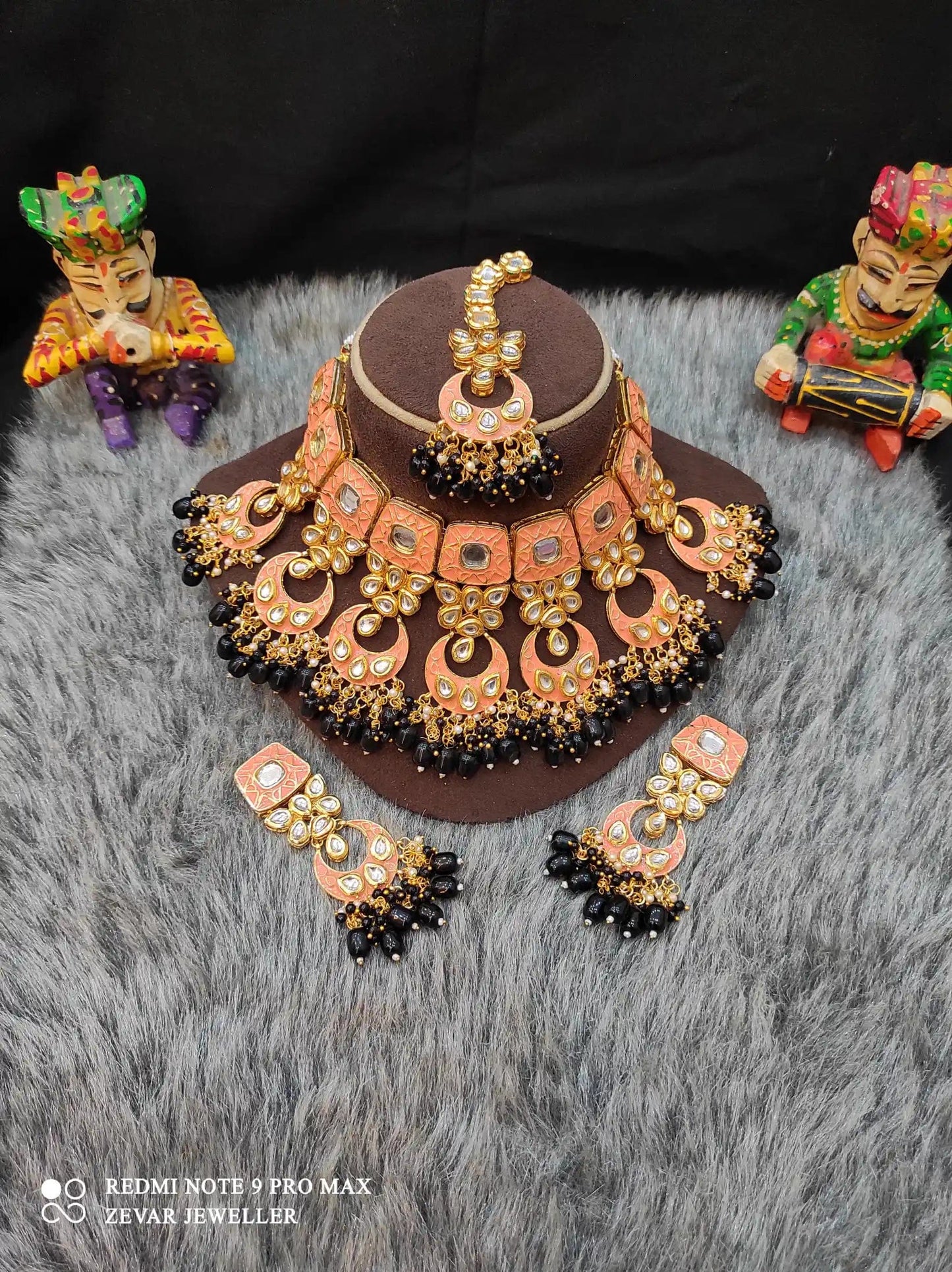 Zevar Necklace Meenakari Handpainted and Kundan Stone Worked Necklace Set - Pitch and Black