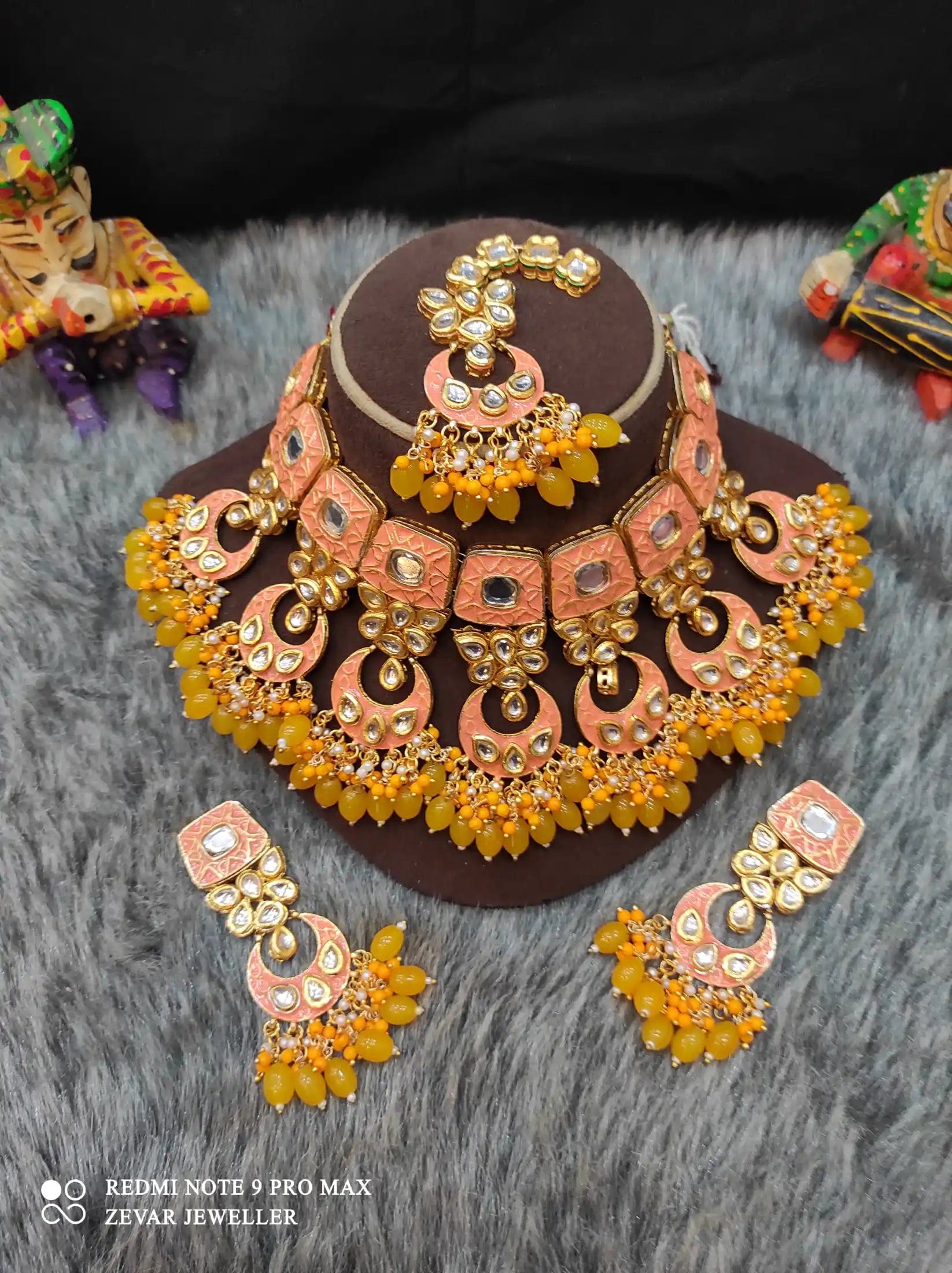 Zevar Necklace Meenakari Handpainted and Kundan Stone Worked Necklace Set - Pitch and Yellow