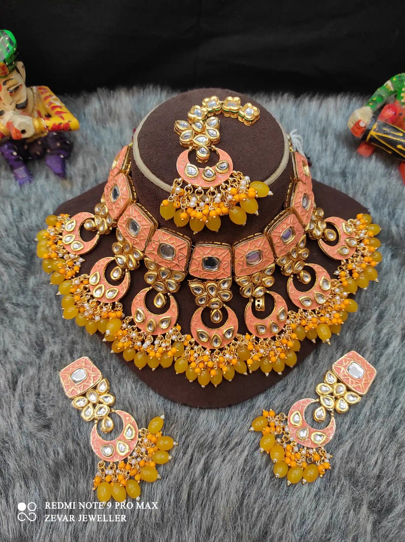 Zevar Necklace Meenakari Handpainted and Kundan Stone Worked Necklace Set - Pitch and Yellow