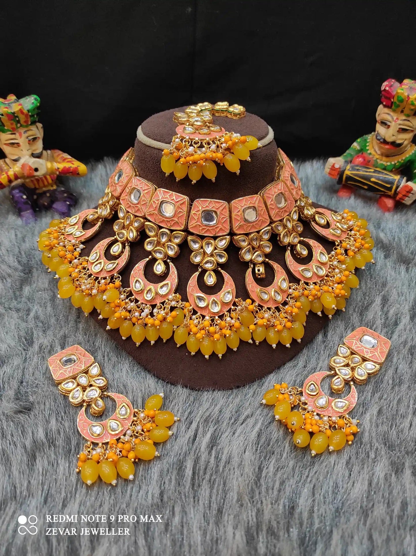 Zevar Necklace Meenakari Handpainted and Kundan Stone Worked Necklace Set - Pitch and Yellow