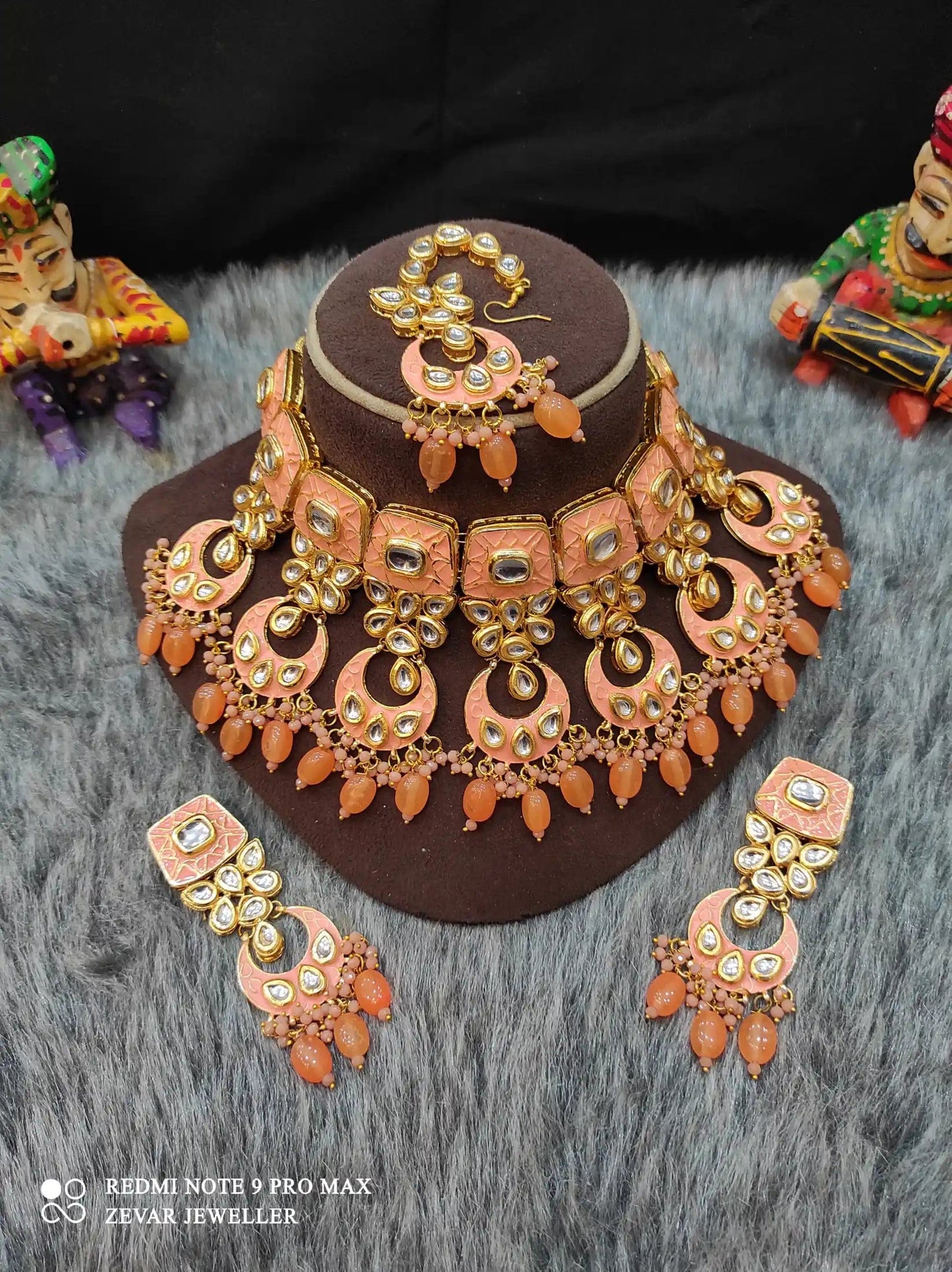 Zevar Necklace Meenakari Handpainted and Kundan Stone Worked Necklace Set - Pitch Colour