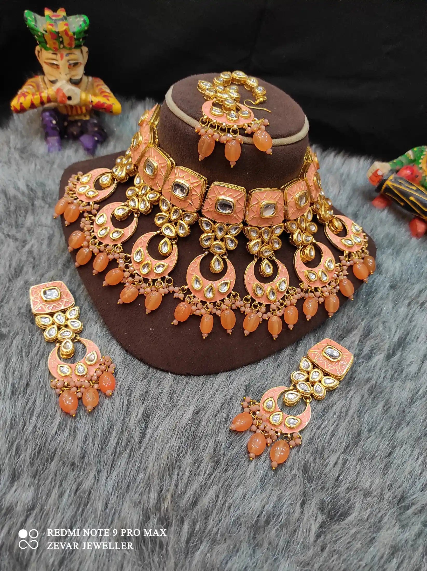 Zevar Necklace Meenakari Handpainted and Kundan Stone Worked Necklace Set - Pitch Colour