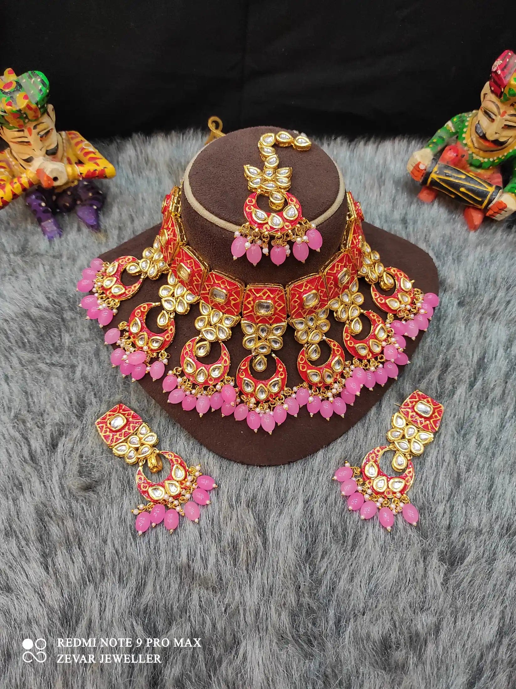 Zevar Necklace Meenakari Handpainted and Kundan Stone Worked Necklace Set - Red and Pink