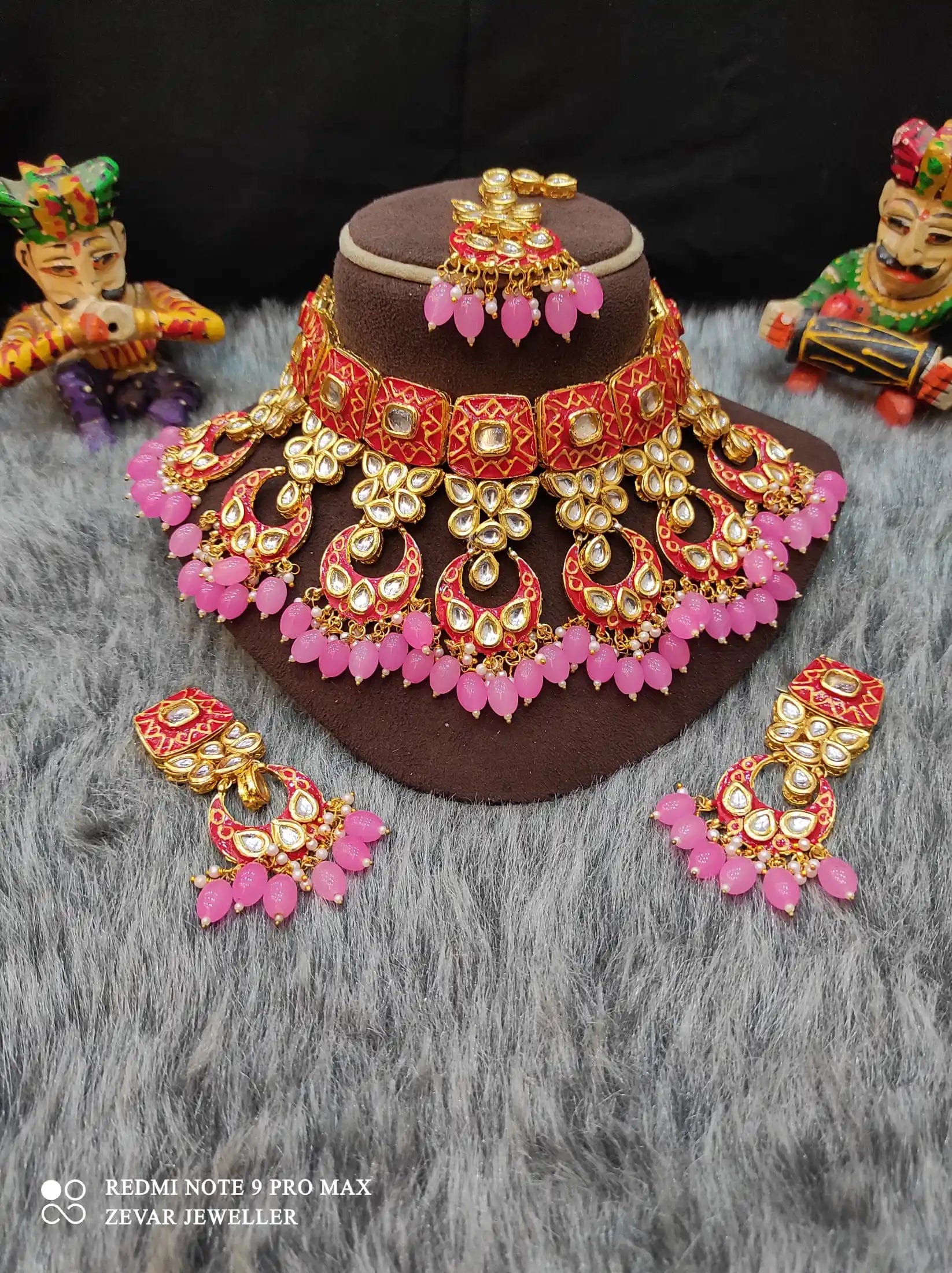 Zevar Necklace Meenakari Handpainted and Kundan Stone Worked Necklace Set - Red and Pink