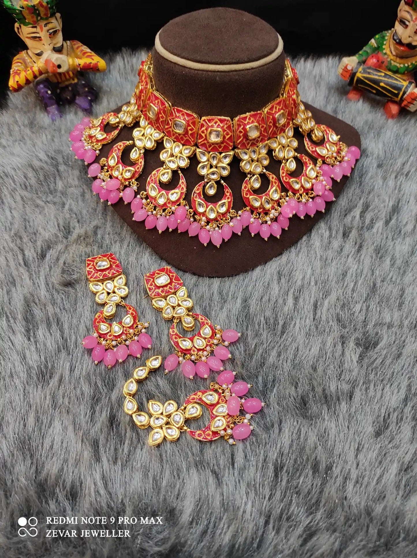 Zevar Necklace Meenakari Handpainted and Kundan Stone Worked Necklace Set - Red and Pink