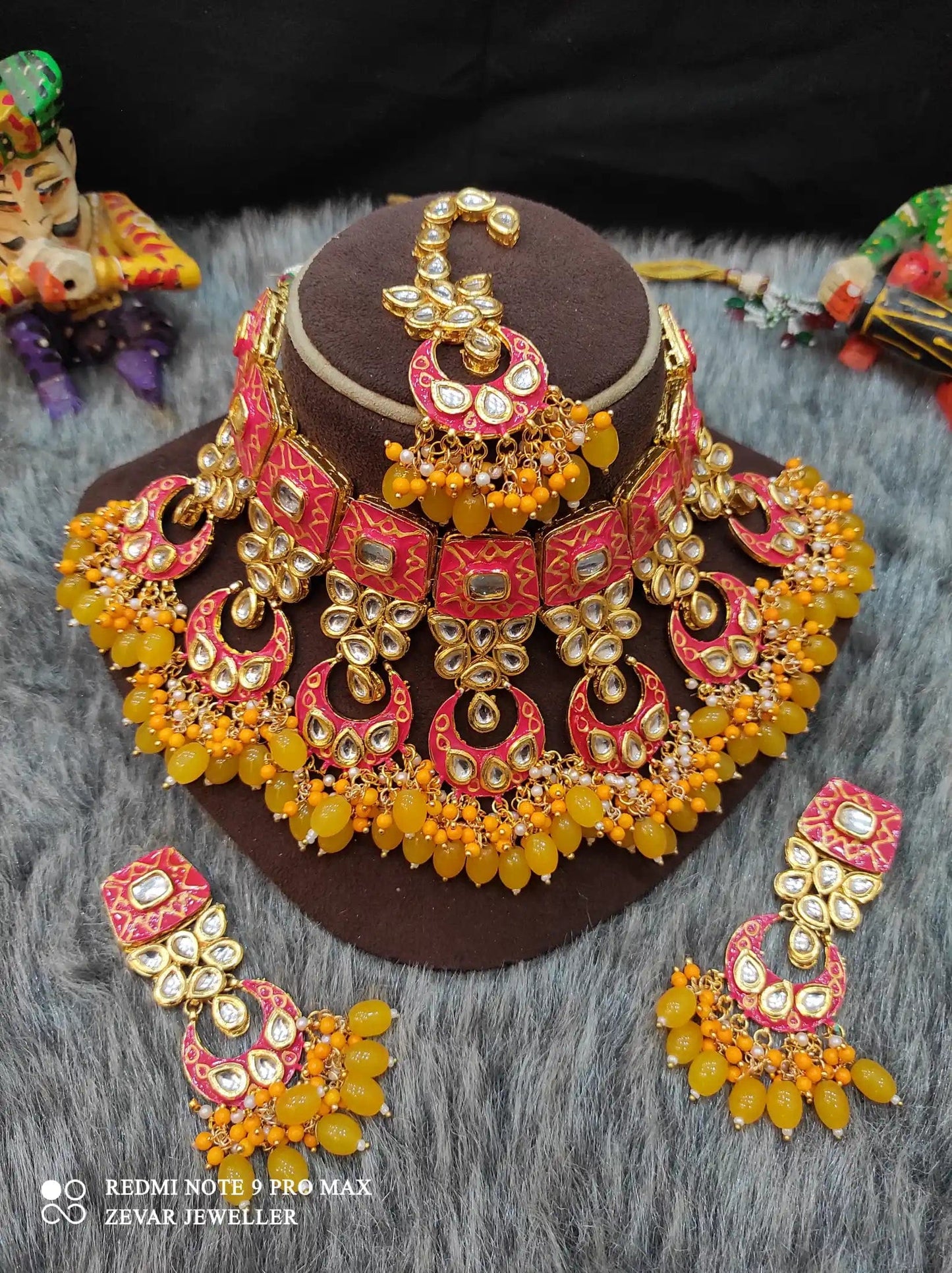 Zevar Necklace Meenakari Handpainted and Kundan Stone Worked Necklace Set - Red and Yellow