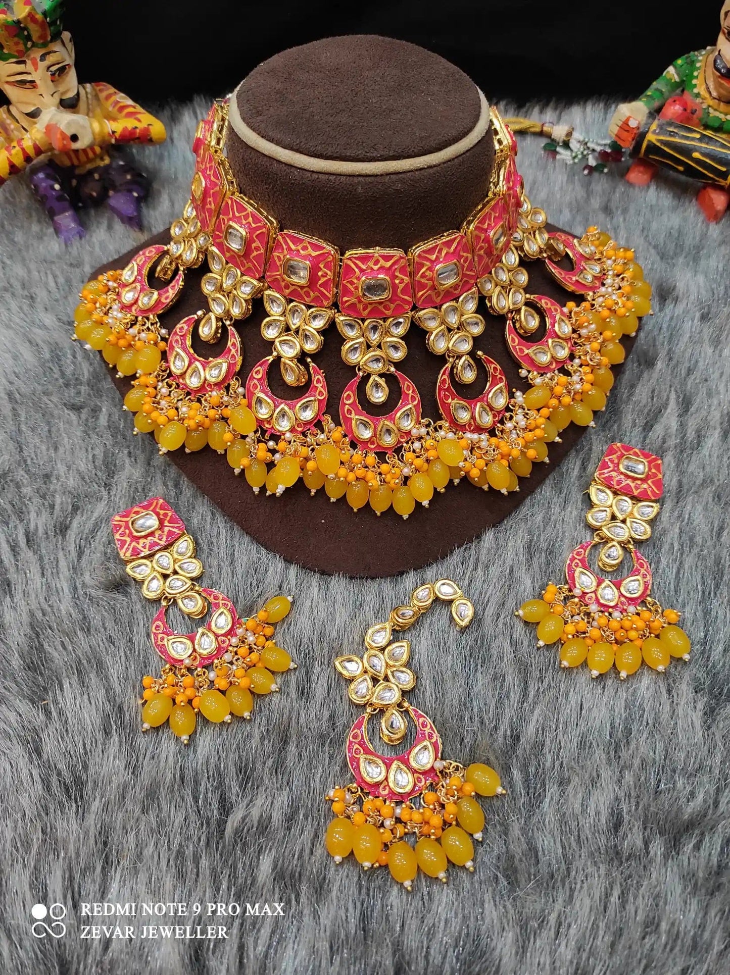 Zevar Necklace Meenakari Handpainted and Kundan Stone Worked Necklace Set - Red and Yellow