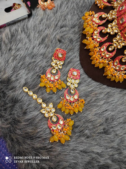 Zevar Necklace Meenakari Handpainted and Kundan Stone Worked Necklace Set - Red and Yellow