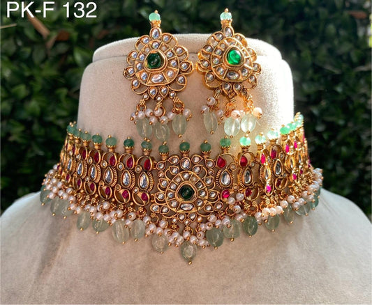 Zevar Necklace Mint Green Jadau Kundan Choker Necklace - Heritage Jewels