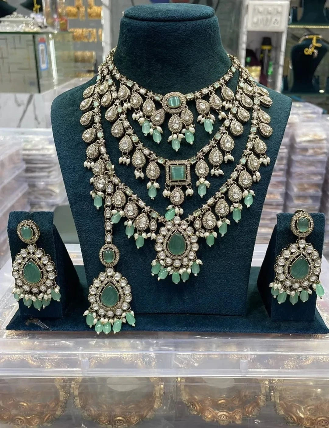 Zevar Necklace Mint Green Monzonite Stones Semi Bridal Set - Unique Engagement & Wedding Rings