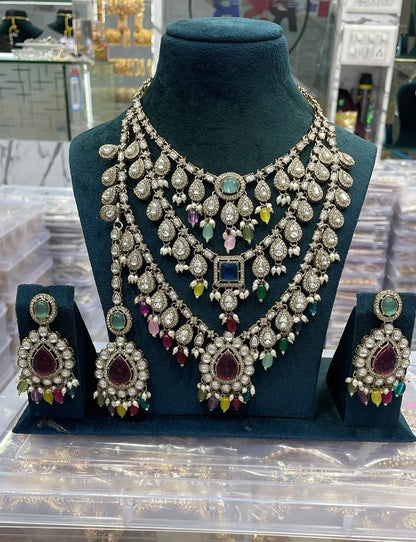 Zevar Necklace Multicolor Monzonite Stones Semi Bridal Set - Unique Engagement & Wedding Rings