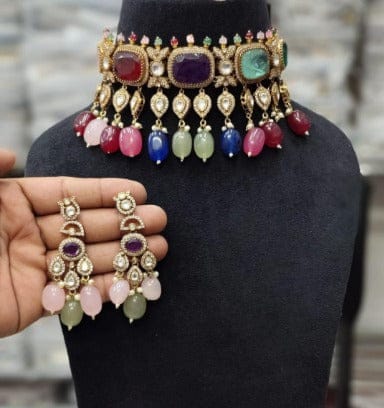 Zevar Necklace Multicolor Polki Uncut Kundan Choker Necklace - Traditional Indian Jewelry