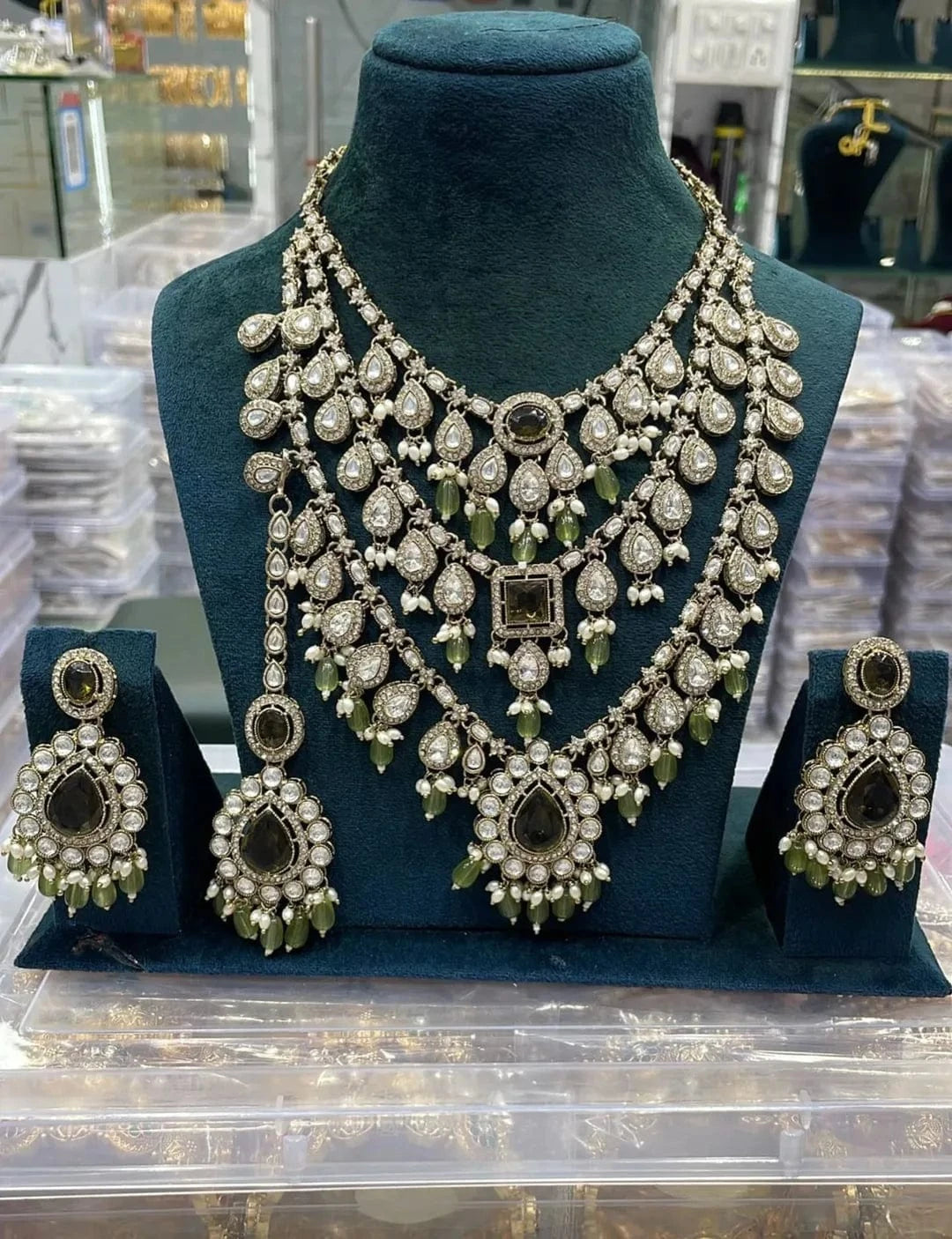 Zevar Necklace Pastel Green Monzonite Stones Semi Bridal Set - Unique Engagement & Wedding Rings