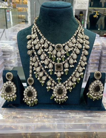 Zevar Necklace Pastel Green Monzonite Stones Semi Bridal Set - Unique Engagement & Wedding Rings