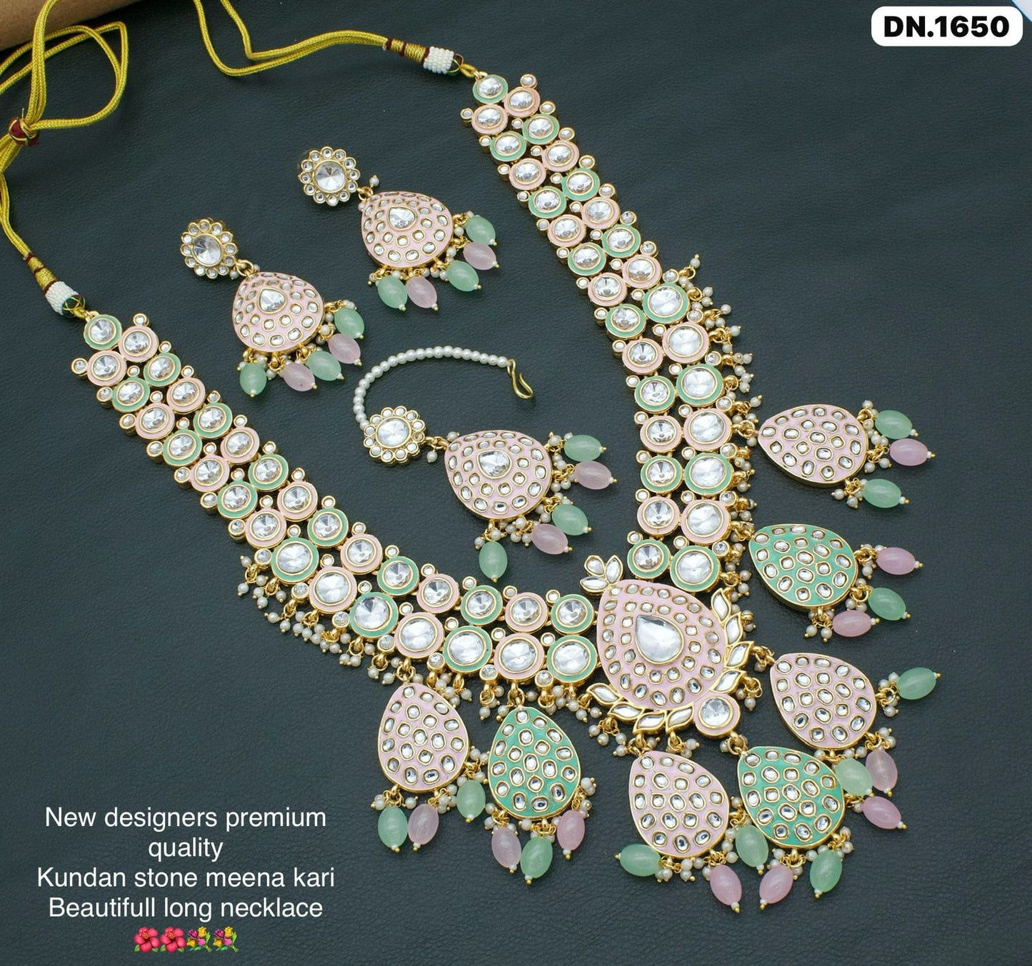 Zevar Necklace Pink Kundan Meenakari Worked Long Necklace Set