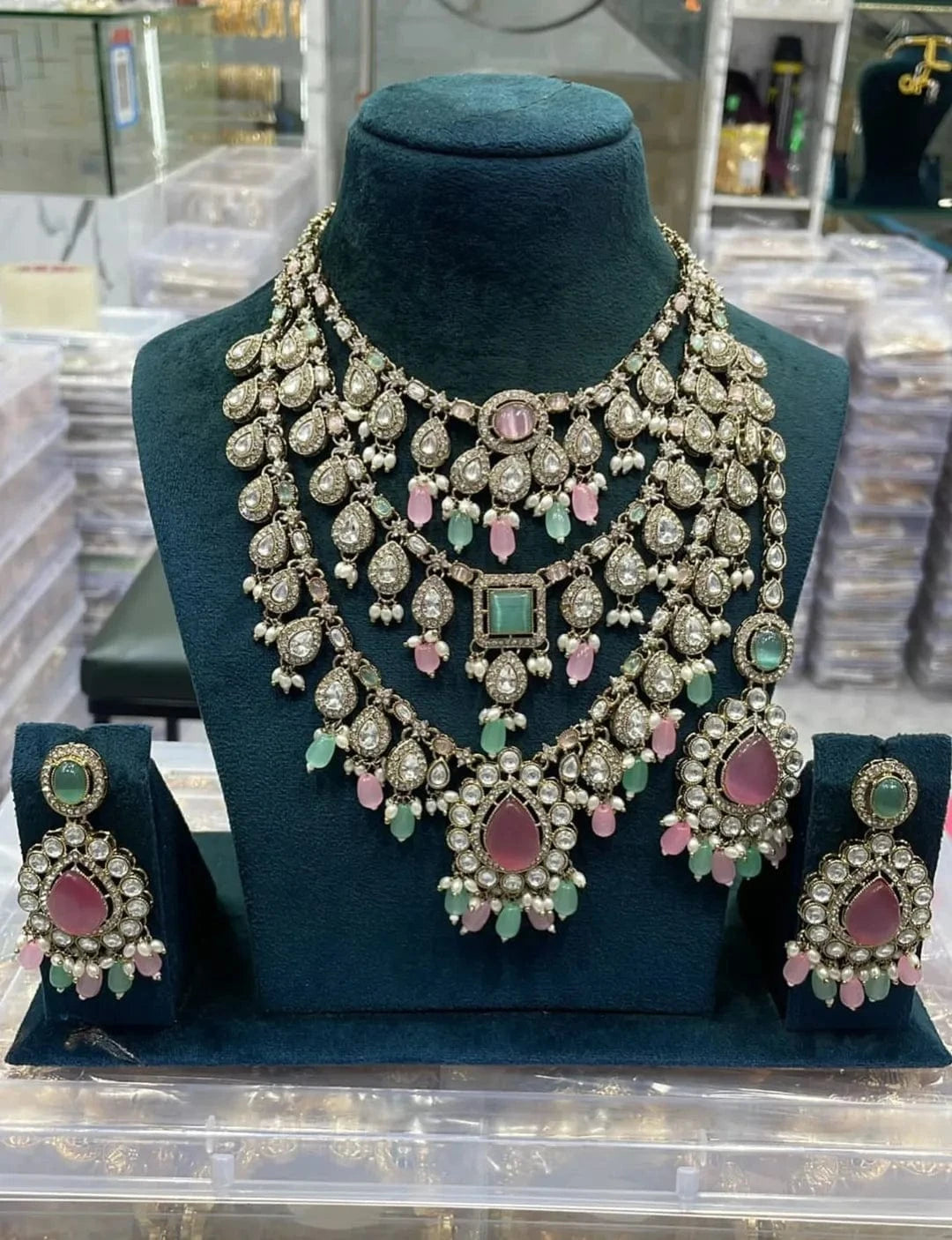 Zevar Necklace Pink & Mint Green Monzonite Stones Semi Bridal Set - Unique Engagement & Wedding Rings