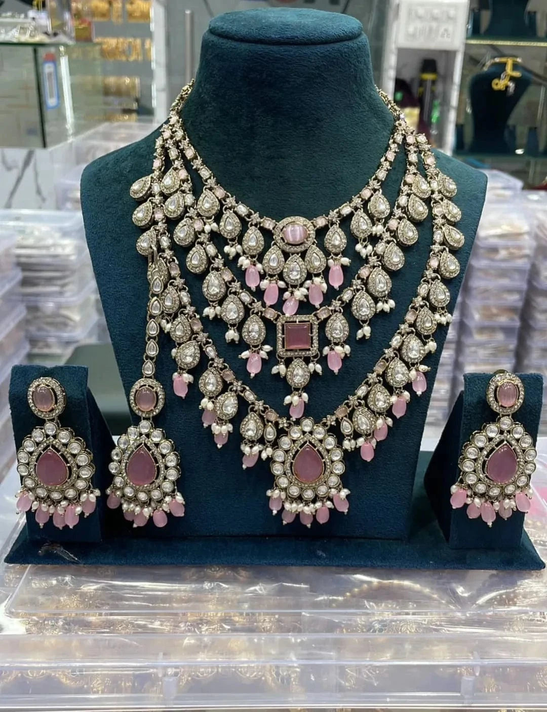 Zevar Necklace Pink Monzonite Stones Semi Bridal Set - Unique Engagement & Wedding Rings