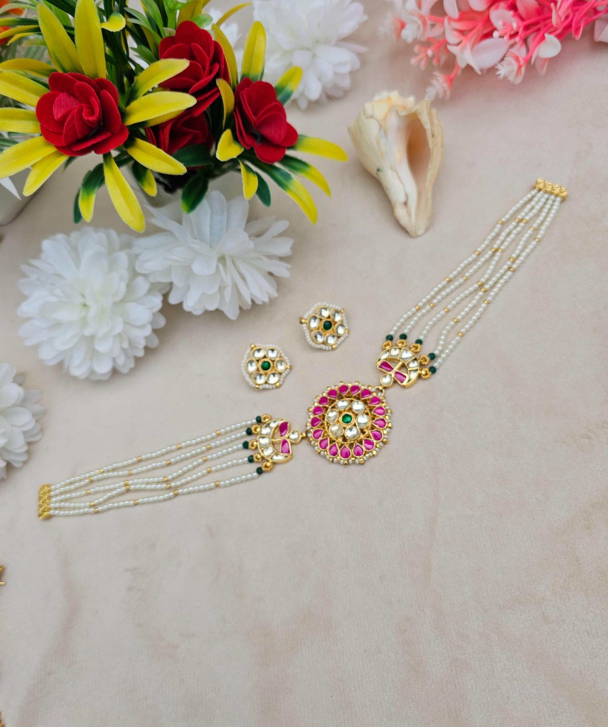 Zevar Necklace Polki Semi-precious Kundan Choker Necklace | Traditional Indian Jewelry