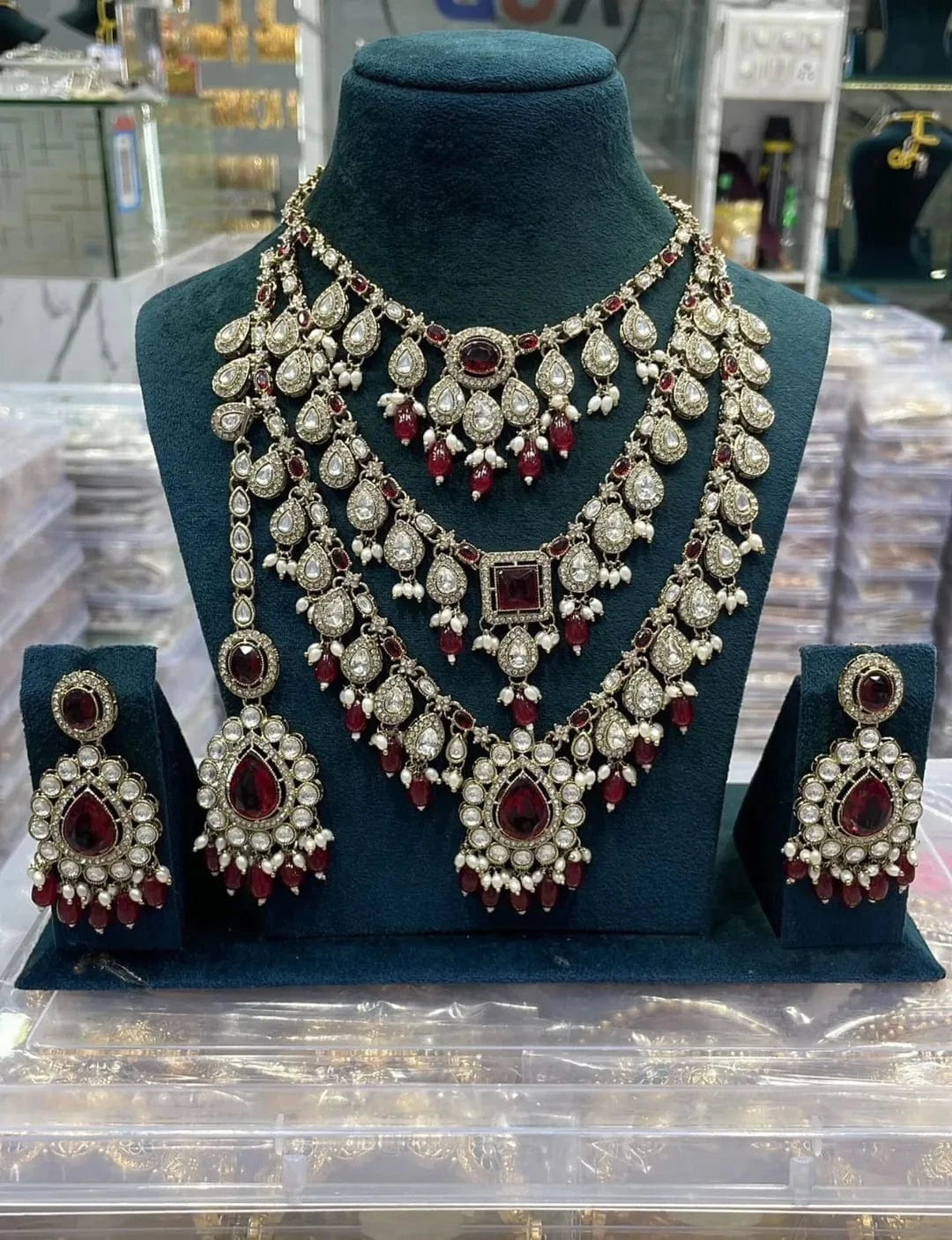 Zevar Necklace Red Monzonite Stones Semi Bridal Set - Unique Engagement & Wedding Rings