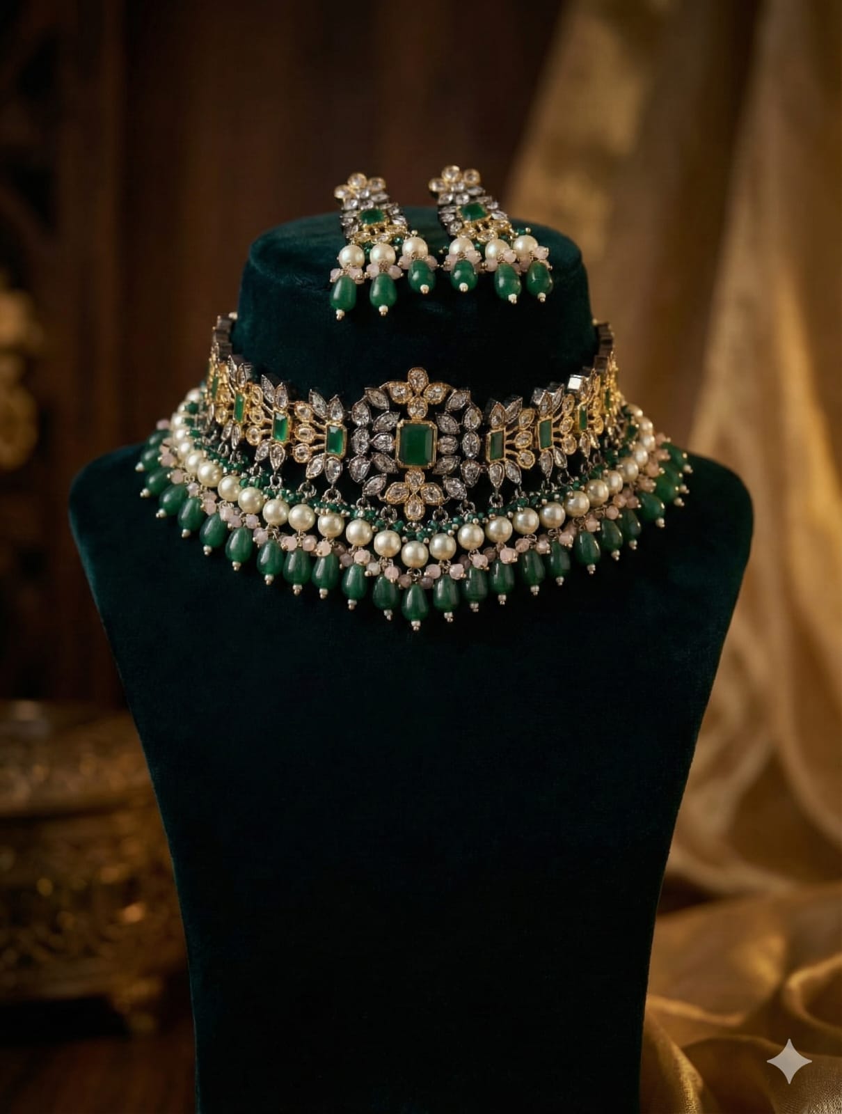 Zevar Necklace Set Green Exquisite Polki AD Choker Necklace Set | Bridal Jewellery