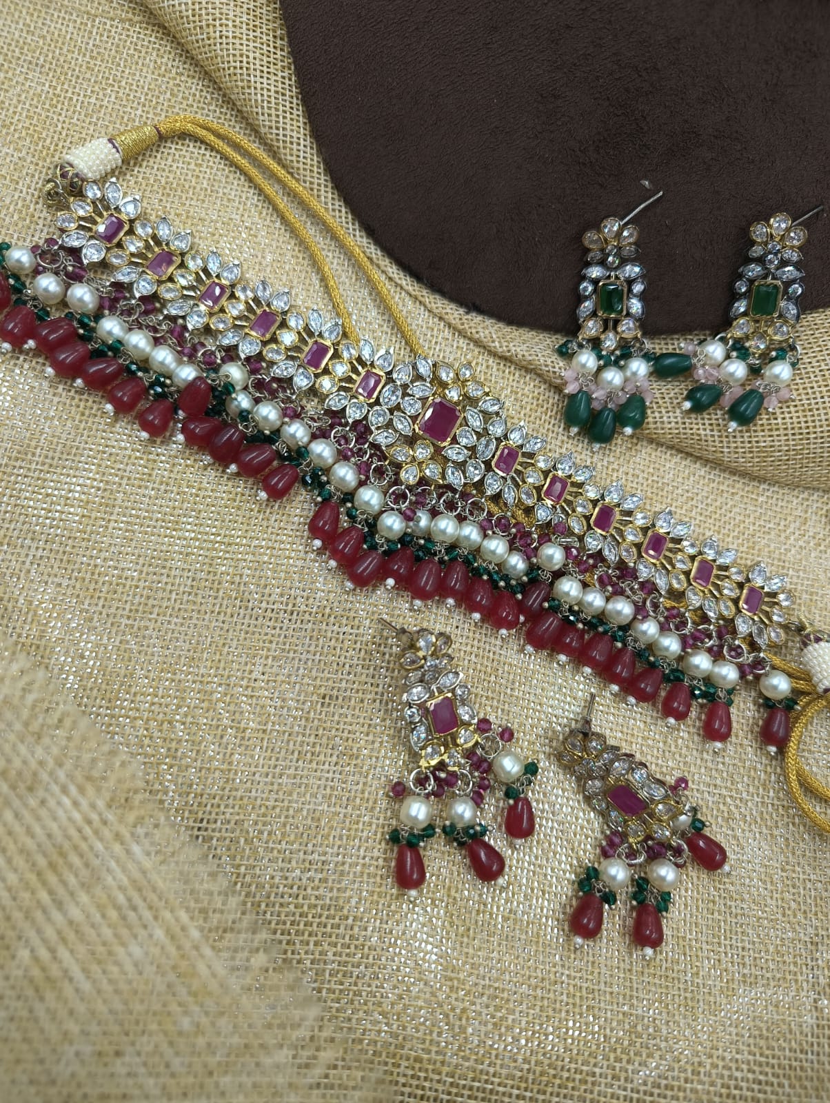 Zevar Necklace Set Maroon Exquisite Polki AD Choker Necklace Set | Bridal Jewellery