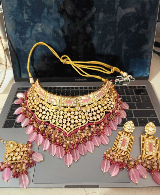 Zevar Necklace Set Pink Polki Choker Necklace Set | Premium Kundan Jewellery