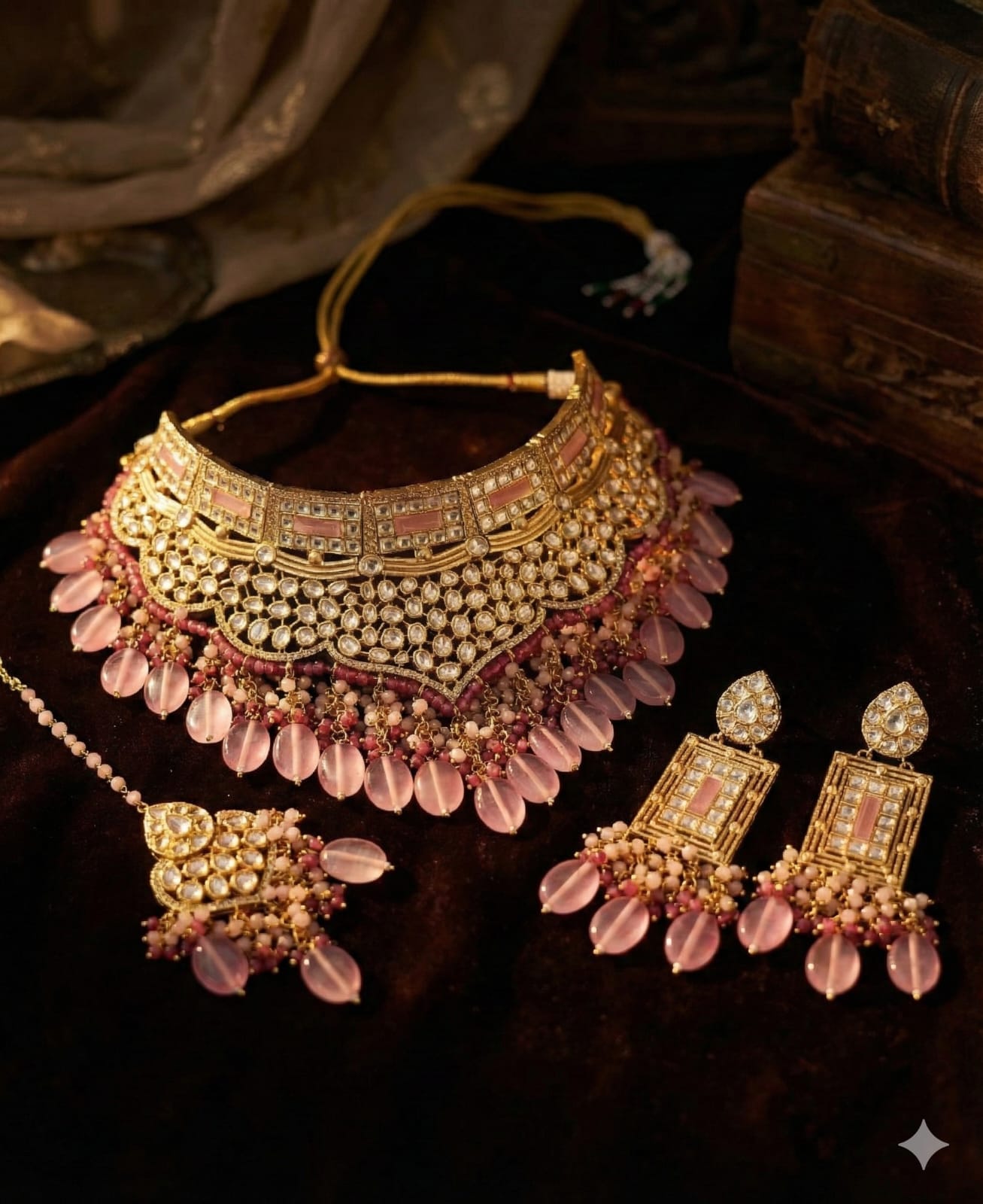 Zevar Necklace Set Pink Polki Choker Necklace Set | Premium Kundan Jewellery