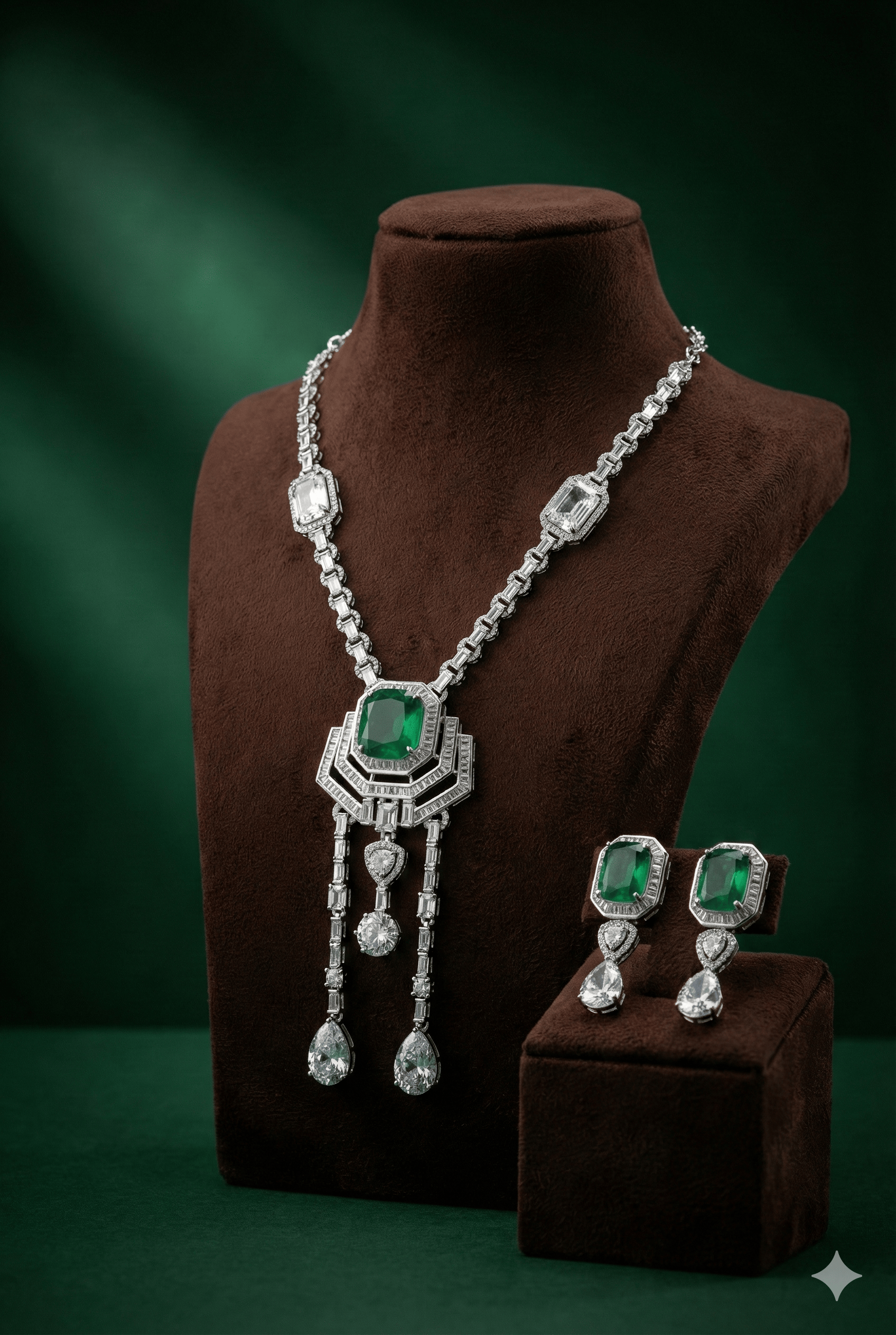 Zevar Necklace Sets Neeta Ambani Inspired Emerald Green Diamond-Style Statement Necklace Set (Necklace + Earrings)
