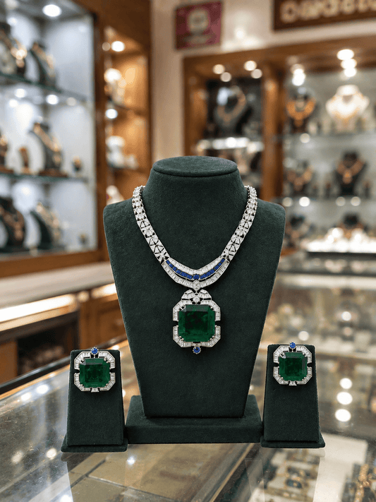 Zevar Necklace Sets Neeta Ambani Inspired Emerald Green Diamond-Style Statement Necklace Set (Necklace + Earrings)