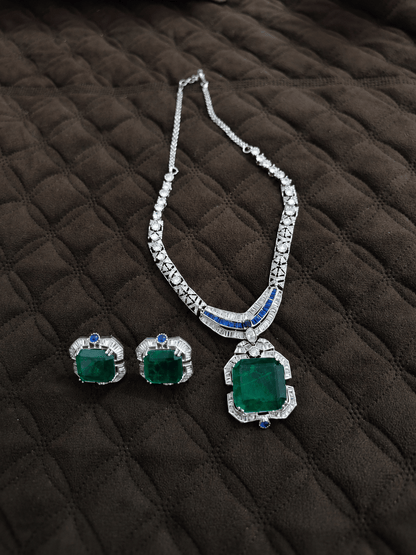 Zevar Necklace Sets Neeta Ambani Inspired Emerald Green Diamond-Style Statement Necklace Set (Necklace + Earrings)