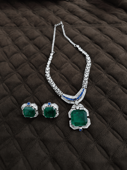 Zevar Necklace Sets Neeta Ambani Inspired Emerald Green Diamond-Style Statement Necklace Set (Necklace + Earrings)