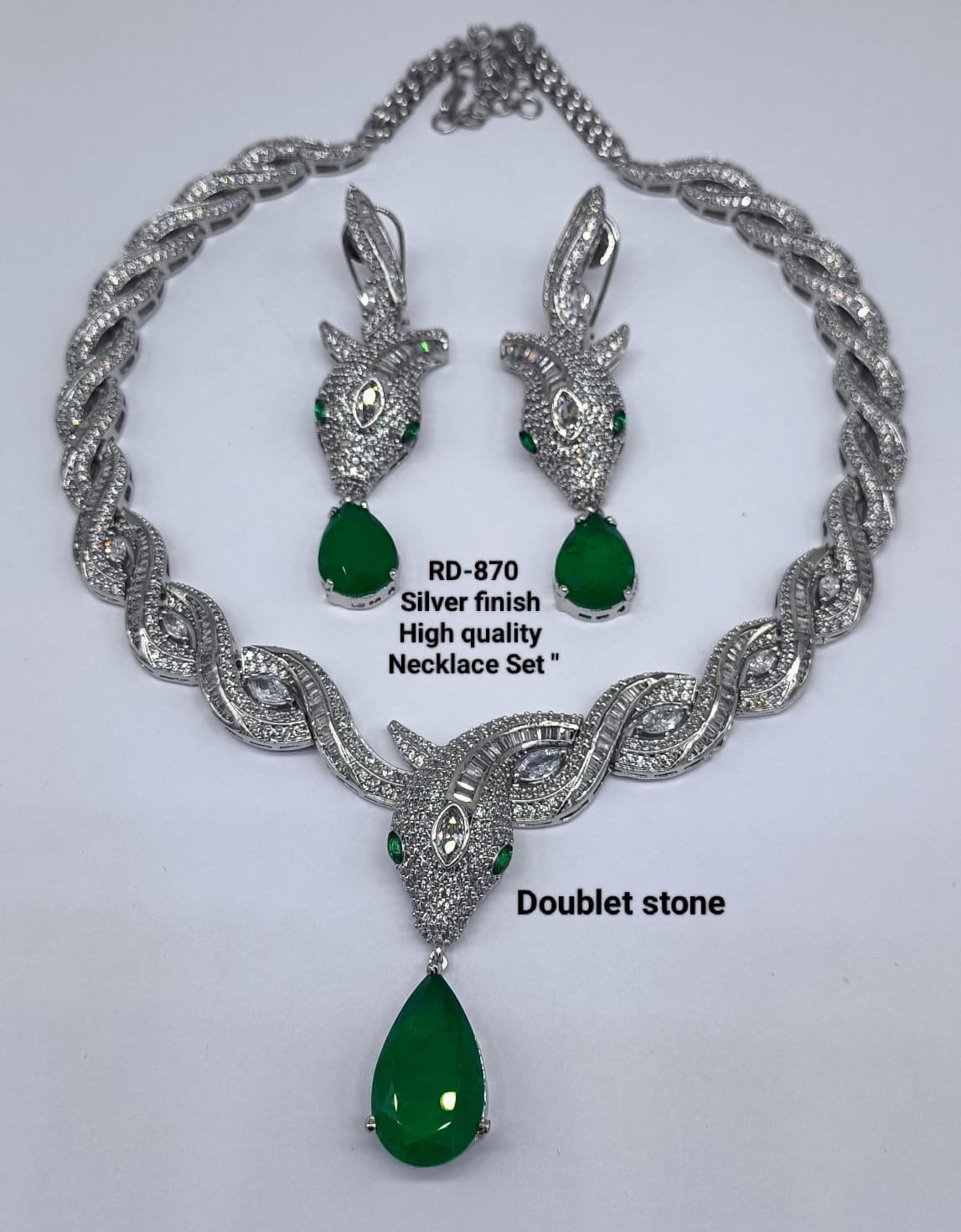 Zevar Necklace Silver Finish Emerald Green Doublet Stone Choker Necklace Set