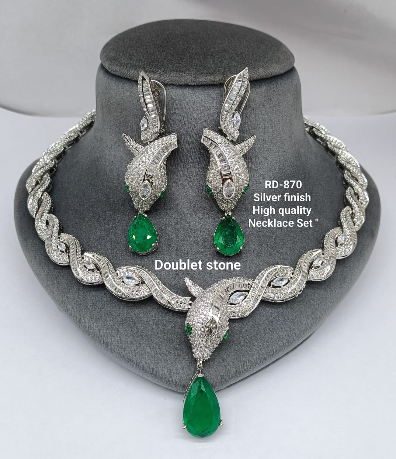 Zevar Necklace Silver Finish Emerald Green Doublet Stone Choker Necklace Set