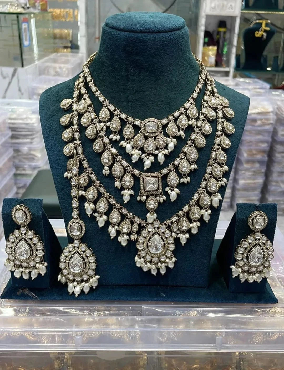 Zevar Necklace White Monzonite Stones Semi Bridal Set - Unique Engagement & Wedding Rings