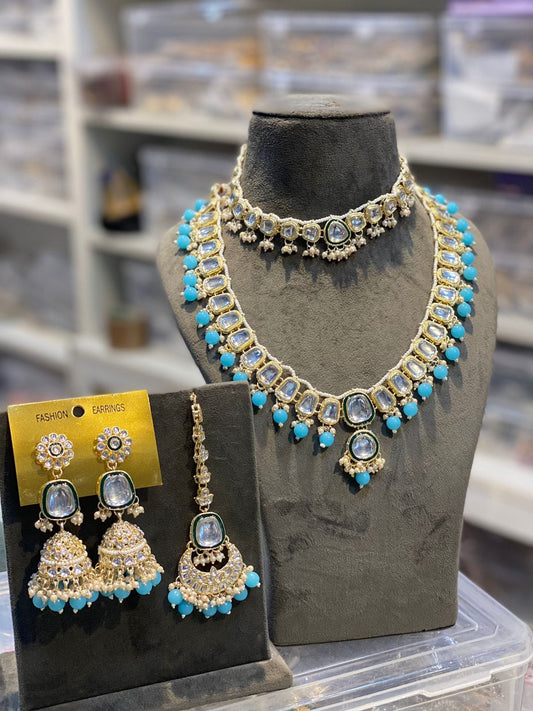 Zevar Necklace Zevar Kundan Pearl Beaded Choker and Long Combo Necklace in Blue - Exquisite Indian Jewelry