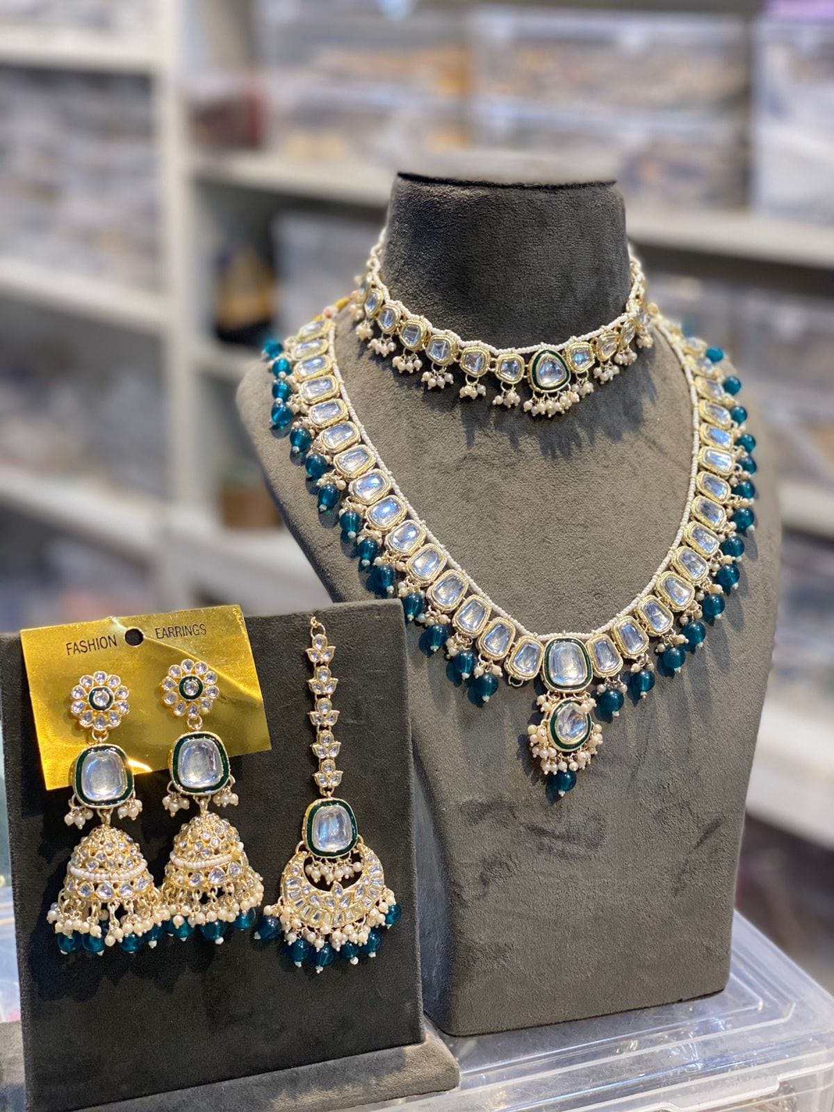 Zevar Necklace Zevar Kundan Pearl Beaded Choker and Long Combo Necklace in Dark Blue - Exquisite Indian Jewelry